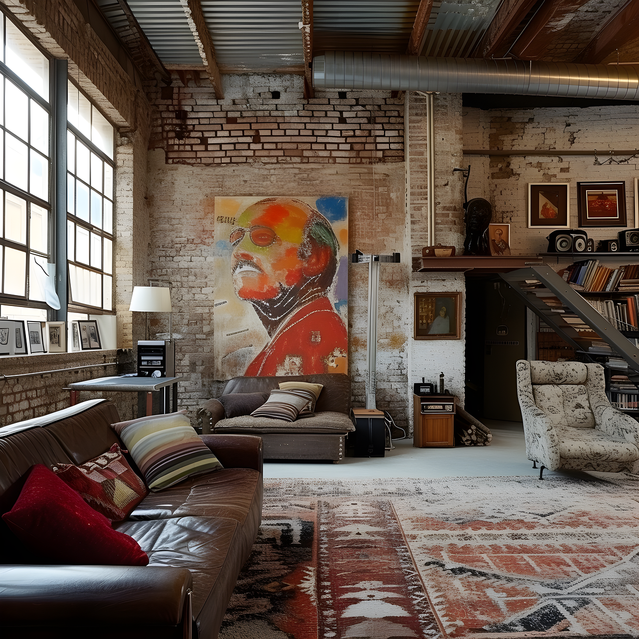 Living room industrial in tonuri calde.